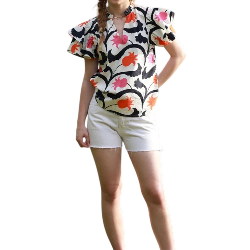 Maude Vivante Amy Kazakh Tulips Top Womens Medium Floral Puff Sleeve V Neck‎ NEW